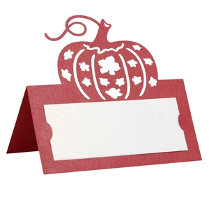 Macro detail of pumpkin hollow-out place card with pearlescent finish and name slot