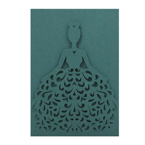 Detailed laser-cut intricate gown silhouette on forest green wedding invitation card