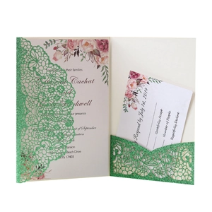 Green glitter laser cut wedding invitation set with floral card and RSVP details