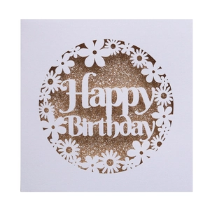 Detailed laser-cut daisy card with golden glitter Happy Birthday text and hollow pattern