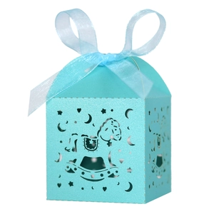 Light blue laser-cut rocking horse candy box with stars and organza ribbon bow