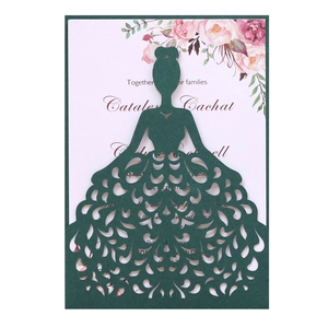 Green laser-cut wedding invitation sleeve with elegant ball gown lace design