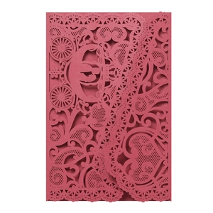 Detailed laser-cut burgundy wedding invitation featuring a pumpkin carriage and lace motifs