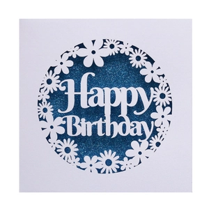 Laser-cut daisy birthday invitation card with blue glitter inlay and Happy Birthday text