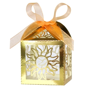 Gold laser cut hollow sun candy gift box with orange ribbon for wedding party favors