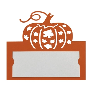 Close-up of laser-cut orange pumpkin place card with blank insert for names