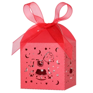 Red laser-cut rocking horse candy box with pearl paper finish and ribbon bow for kids parties