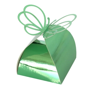 Detailed laser-cut butterfly gift box in iridescent green with hollow butterfly closure