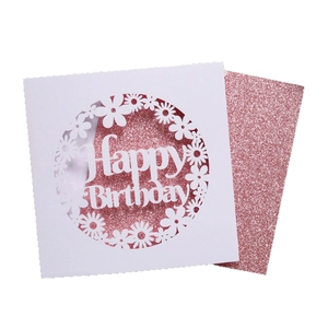 Laser cut white floral birthday invitation with glittery pink insert and happy birthday text