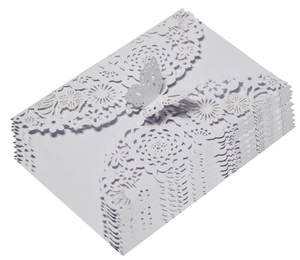 Detailed laser-cut white wedding invitation cards with 3D butterfly floral lace