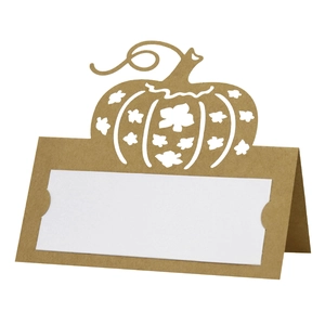 Laser cut pumpkin place card with kraft base and white insert for harvest party