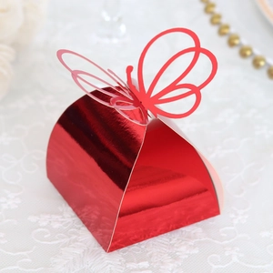 Detailed macro view of a red laser-cut 3D butterfly candy box with reflective finish