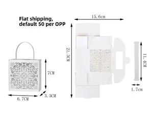 Flat shipping details of white laser-cut lace wedding gift box with dimensions