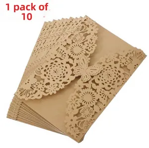Macro detail of laser-cut floral kraft paper wedding invitations, 10 pieces per pack