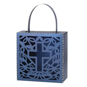Laser-cut hollow cross design on dark blue pearlescent paper wedding favor gift box