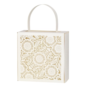 White laser-cut lace candy box with floral hollow patterns and elegant handle for weddings