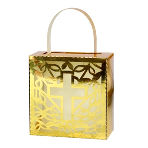 Elegant gold hollow cross candy box for wedding favors with decorative laser cut pattern