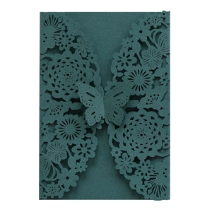 Exquisite laser-cut dark green wedding invitation card with 3D butterfly floral pattern