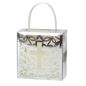 Silver hollow cross wedding candy box with intricate vine patterns and white handle