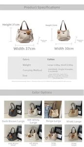 Tableau des tailles pour cabas en toile avec dimensions précises et spécifications de poids