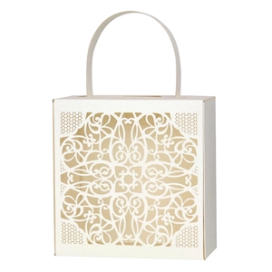 Elegant white laser-cut lace wedding favor box with pearl paper finish and handle