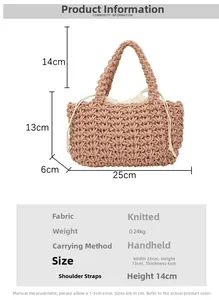 Detaillierte Größentabelle für rosa Strick-Eimertasche mit Maßen und Spezifikationen