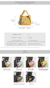 Detail showing dimensions and diverse color options of the PU leather bucket handbag