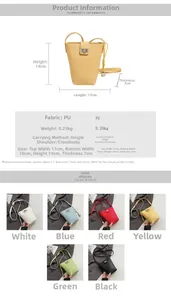 Detailed size specifications for the mini bucket bag with dimensions and color options
