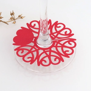 Detailed laser-cut red heart wine glass card for wedding and festive table settings