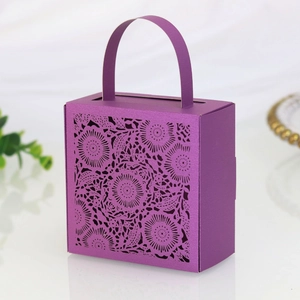 Detail of purple laser-cut lace candy box with intricate floral hollow-out patterns