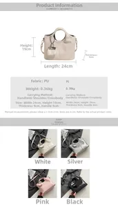 Size chart for women's PU leather handbag showing dimensions and four color options