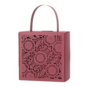 Laser-cut floral hollow candy gift box with handle in dark red for wedding favors