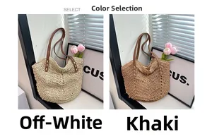 Detail of hand-woven straw tote bags in off-white and khaki with faux leather straps