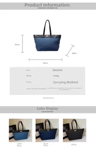 Size chart showing denim tote bag dimensions 52x31x18cm and three available colors