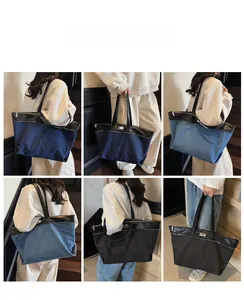 Detailed views of high-capacity denim tote bag shown in various fashion style angles