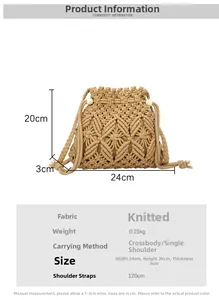Detailed size chart for handmade woven straw bucket bag with dimensions 24x20x3cm