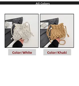 Detail view of woven straw bucket bags in white and khaki with decorative wooden beads