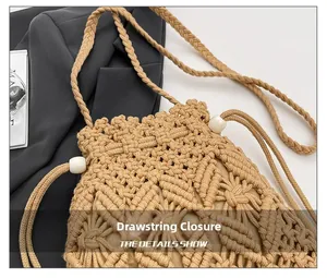 Close-up of hand-woven bucket bag with drawstring closure and decorative white beads