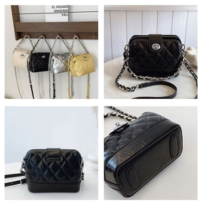 Detailed views of quilted leather crossbody bags in white, black, silver, and yellow
