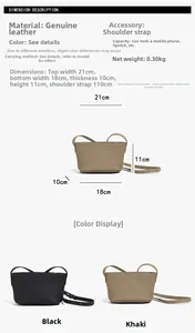 Detailed dimensions of genuine leather bucket bag showing strap length and size chart