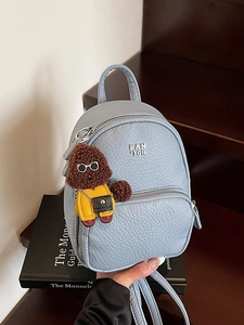Mini Sac à Dos pour Femmes en Cuir PU Texture Grainée Petit Sac de Voyage et d'École à la Mode pour Filles Avec Pendentif Chien