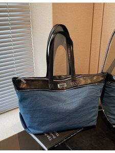 Women Large Capacity Denim Patchwork Tote Bag Casual Shoulder Handbag With Synthetic Leather Straps Zip Closure
