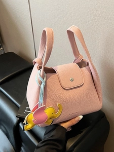 Women Fashion Lychee Texture PU Leather Bucket Bag With Elephant Charm Magnetic Buckle Crossbody Handbag Commuting Shoulder Bag