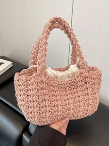 Handmade Woven Handbag With Drawstring Liner Women Cotton Rope Bucket Bag Portable Casual Travel Summer Crochet Purse