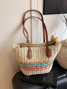 Women Straw Woven Tote Bag Bohemian Striped Color Contrast Shoulder Bag Large Capacity PU Leather Strap Vacation Summer Beach Bag