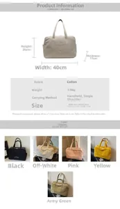 Detailed size chart and multi-color selection of lightweight large canvas travel tote bags