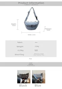 Detailed size specifications and color comparison of the denim crossbody chest bag