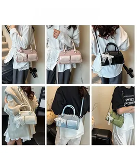 Detailed views of bowling handbags in various colors featuring lace bows and side pockets