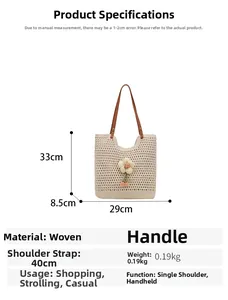 Specifiche dettagliate sulle dimensioni per borsa tote tessuta beige con cinturini marroni