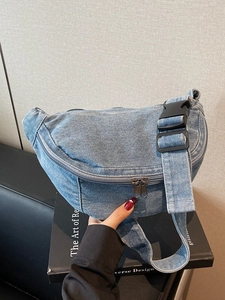 Washed Denim Half Moon Chest Bag For Women Casual Lightweight Waist Pack With Adjustable Strap Zip Closure Crossbody Bag